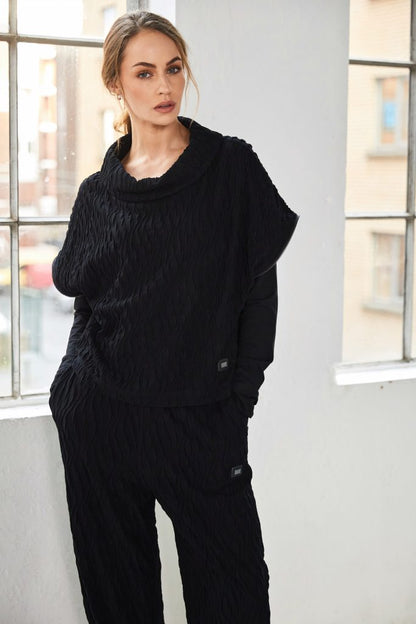 Naya Embossed knit top with collar and zip detail on side seam in Black  Naw25232