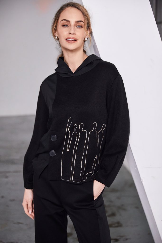 Naya placement print sweater with travel fabric hood Naw25270