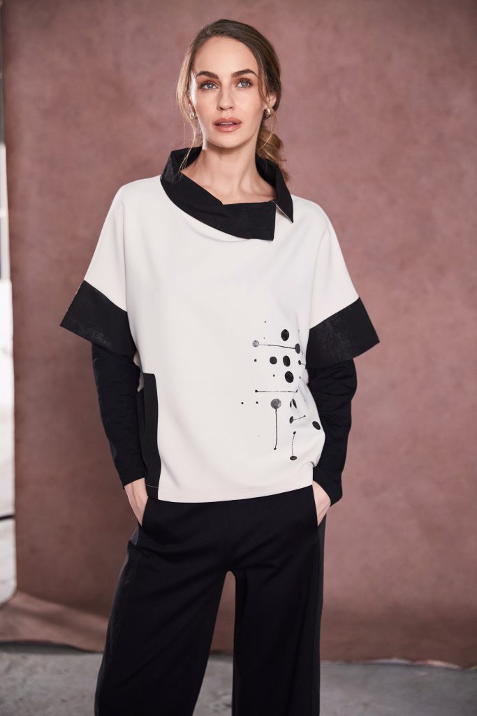 Naya placement print top with cut away collar in Cocoa Or Sand Naw25276