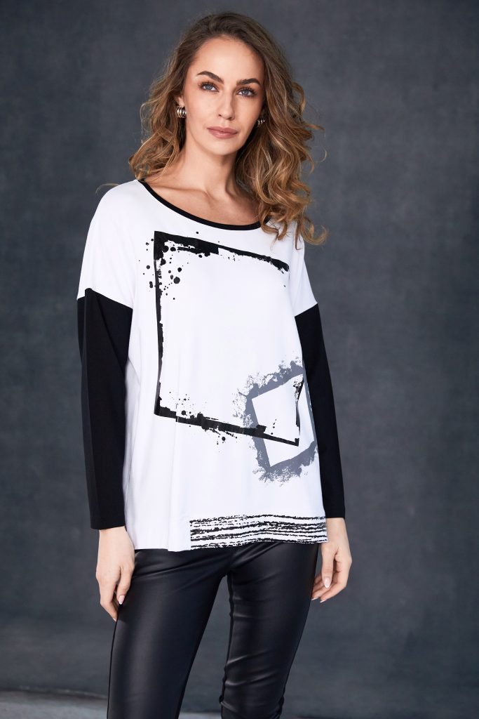 Naya Placement cube print top with contrast sleeve. Black or Sand Naw25307