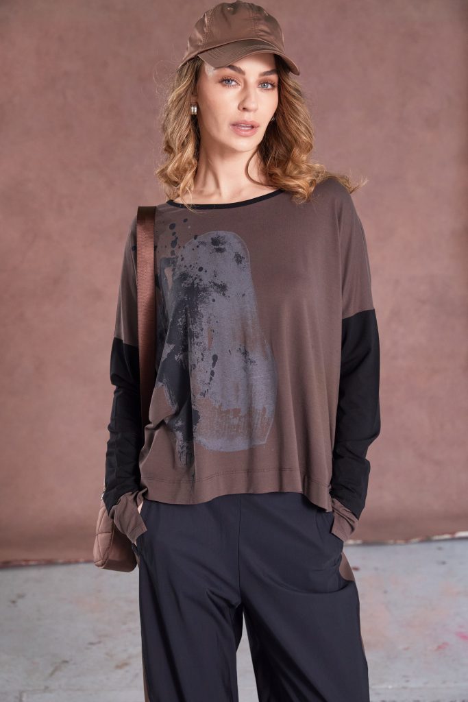 Naya placement print top with contrast sleeve and trim  Naw25308