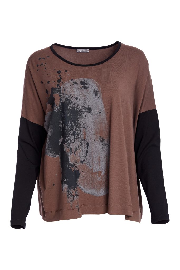 Naya placement print top with contrast sleeve and trim  Naw25308