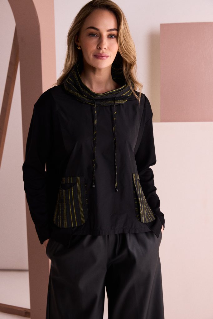 Naya Top With Stripe Drawstring Neck And Pocket Detail Naw26153
