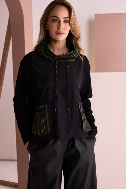 Naya Top With Stripe Drawstring Neck And Pocket Detail Naw26153