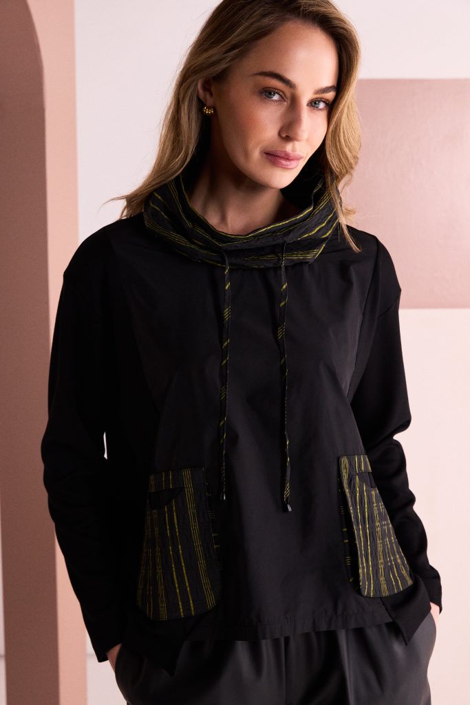 Naya Top With Stripe Drawstring Neck And Pocket Detail Naw26153