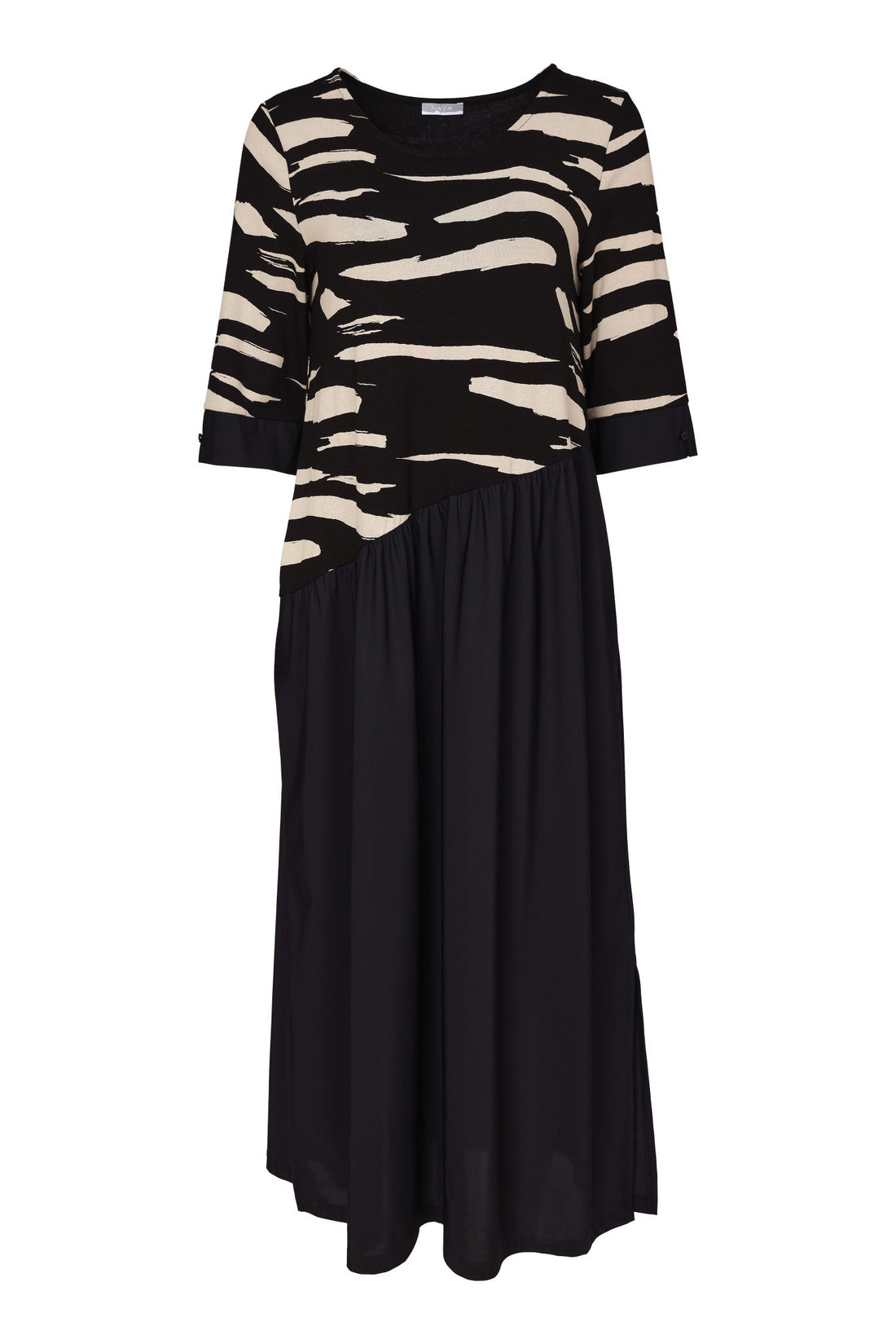 Naya Round Neck Contrast Print Dress | Printed Bodice &amp; Travel Fabric Skirt Naw26155