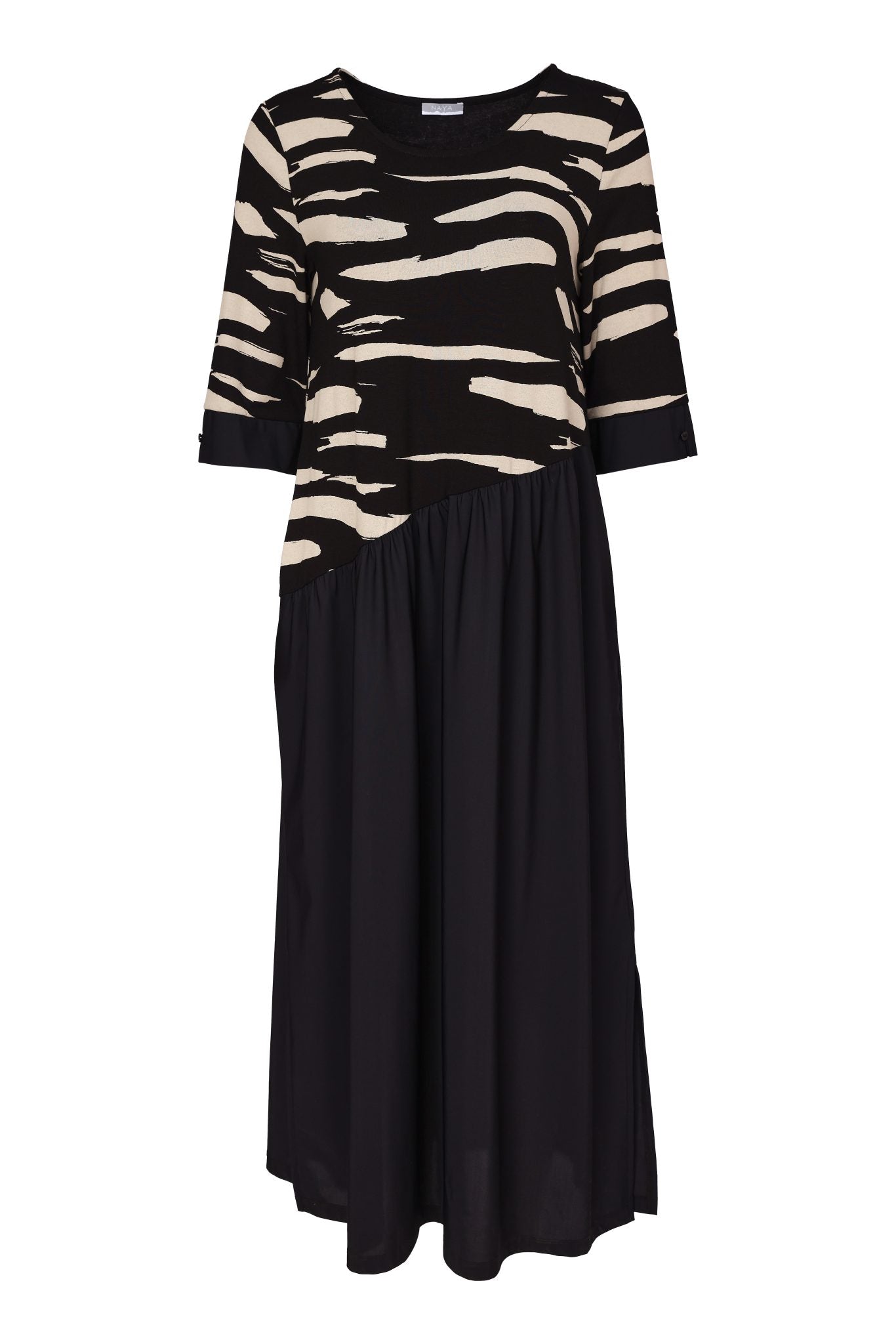 Naya Round Neck Contrast Print Dress | Printed Bodice &amp; Travel Fabric Skirt Naw26155