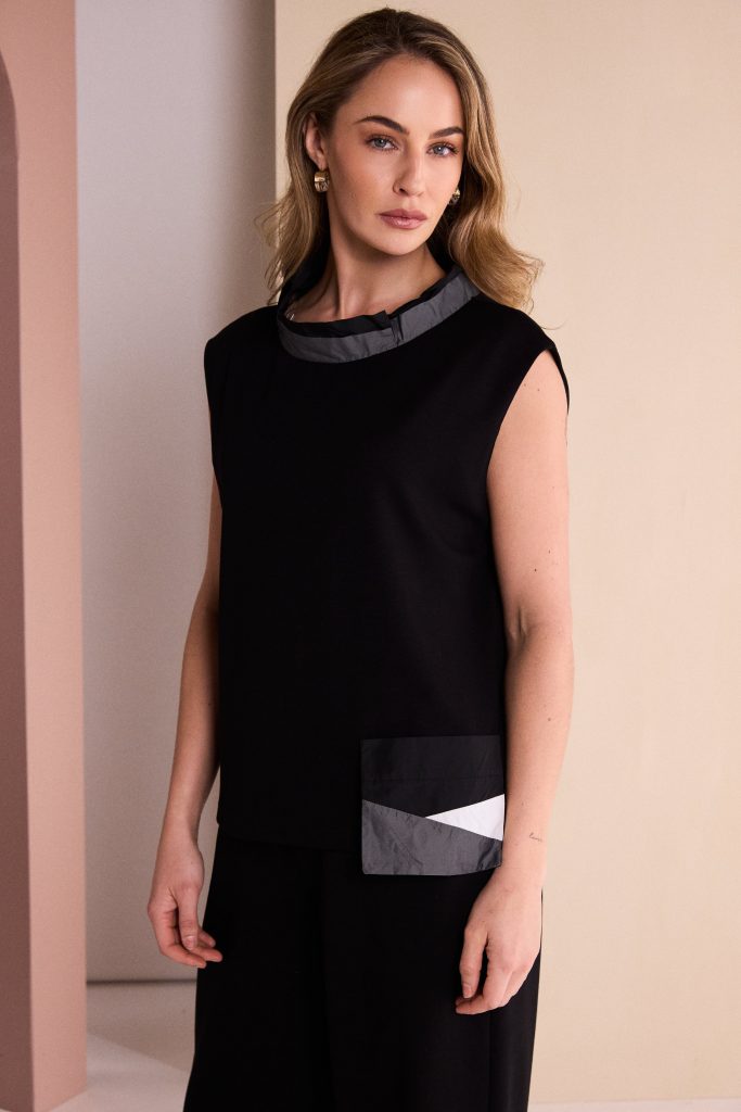 Naya High Neck Top With Colour Contrast Metallic Pocket And Neck detail Naw26174