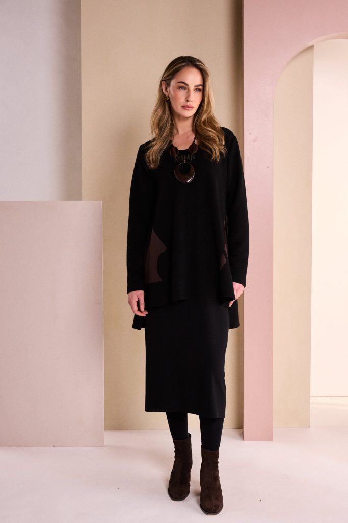 Naya Black Vee Neck Top With Choko Print SectionsNaw26219