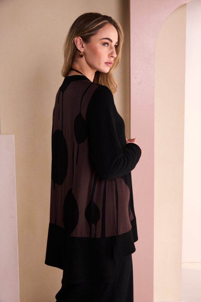 Naya Black Vee Neck Top With Choko Print SectionsNaw26219