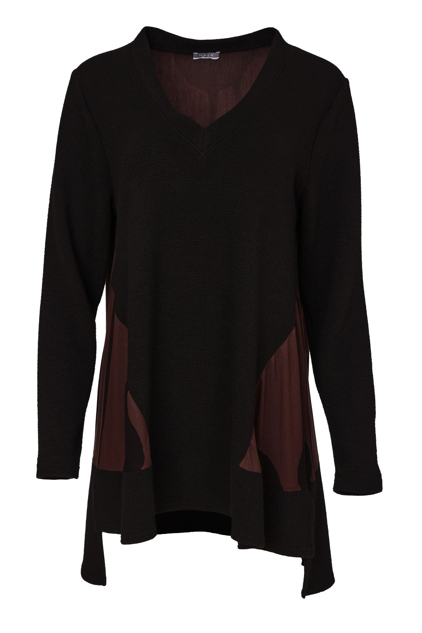 Naya Black Vee Neck Top With Choko Print SectionsNaw26219