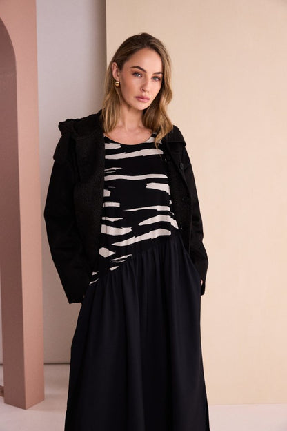 Naya Round Neck Contrast Print Dress | Printed Bodice &amp; Travel Fabric Skirt Naw26155