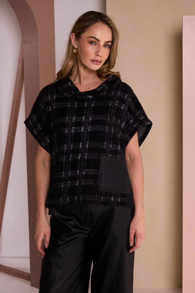 Naya Check Knit Top With Leatherette Pocket And Zip Detail Naw26230