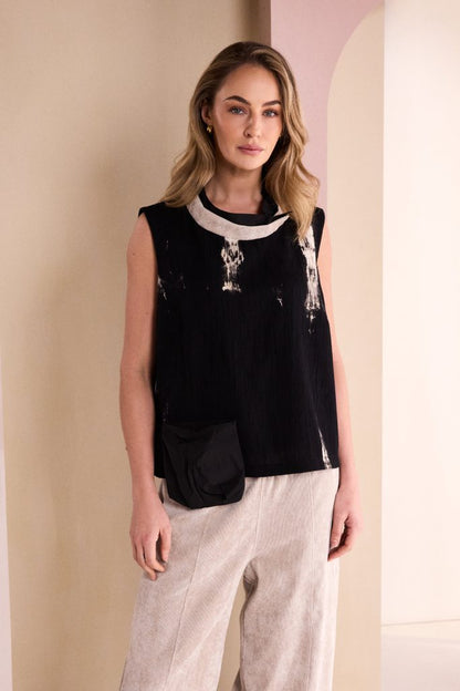 Naya Sleeveless Placement Print Top With Cord Band At Neckline Naw26245