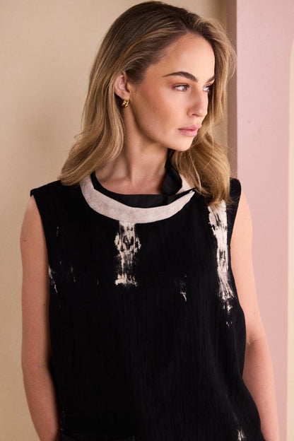 Naya Sleeveless Placement Print Top With Cord Band At Neckline Naw26245