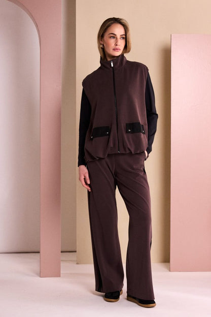Naya Wide Leg Pull Up Trouser With Contrast Panel in Choko Naw26306