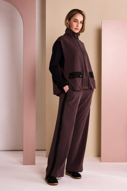 Naya Puff Ball Hem Zip Waistcoat in choko  With Contrast pockets Naw26305