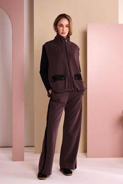 Naya Wide Leg Pull Up Trouser With Contrast Panel in Choko Naw26306