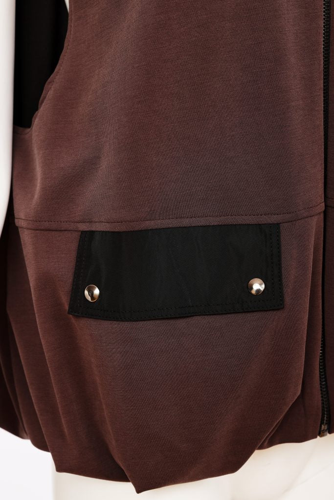 Naya Puff Ball Hem Zip Waistcoat in choko  With Contrast pockets Naw26305
