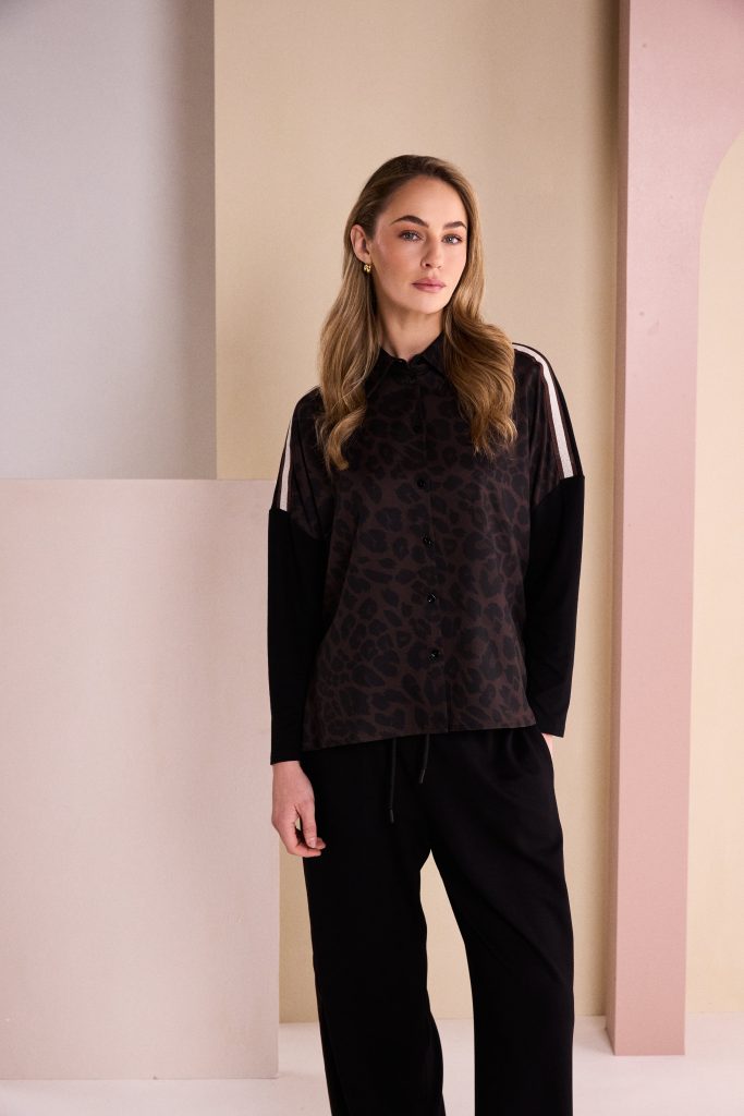 Naya Animal Print Top With Collar And Contrast Sleeve Naw26312