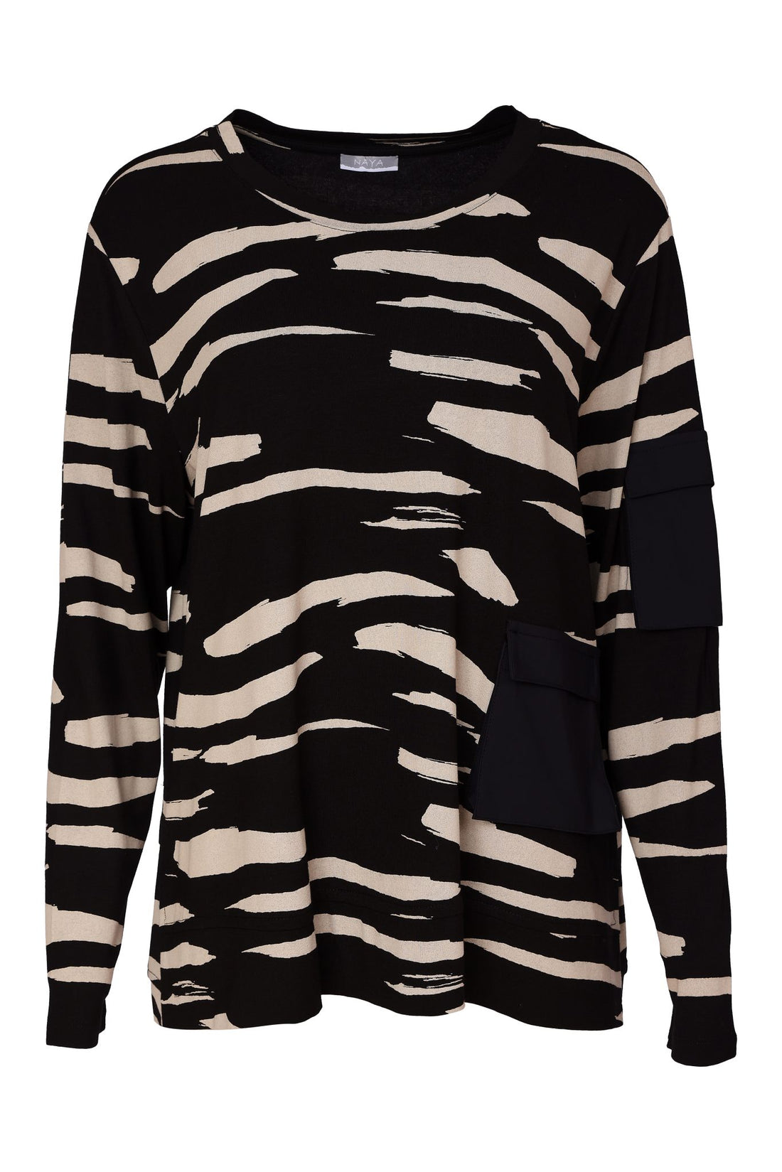 Print Round Neck Top With Contrast Pocket  Naw26319