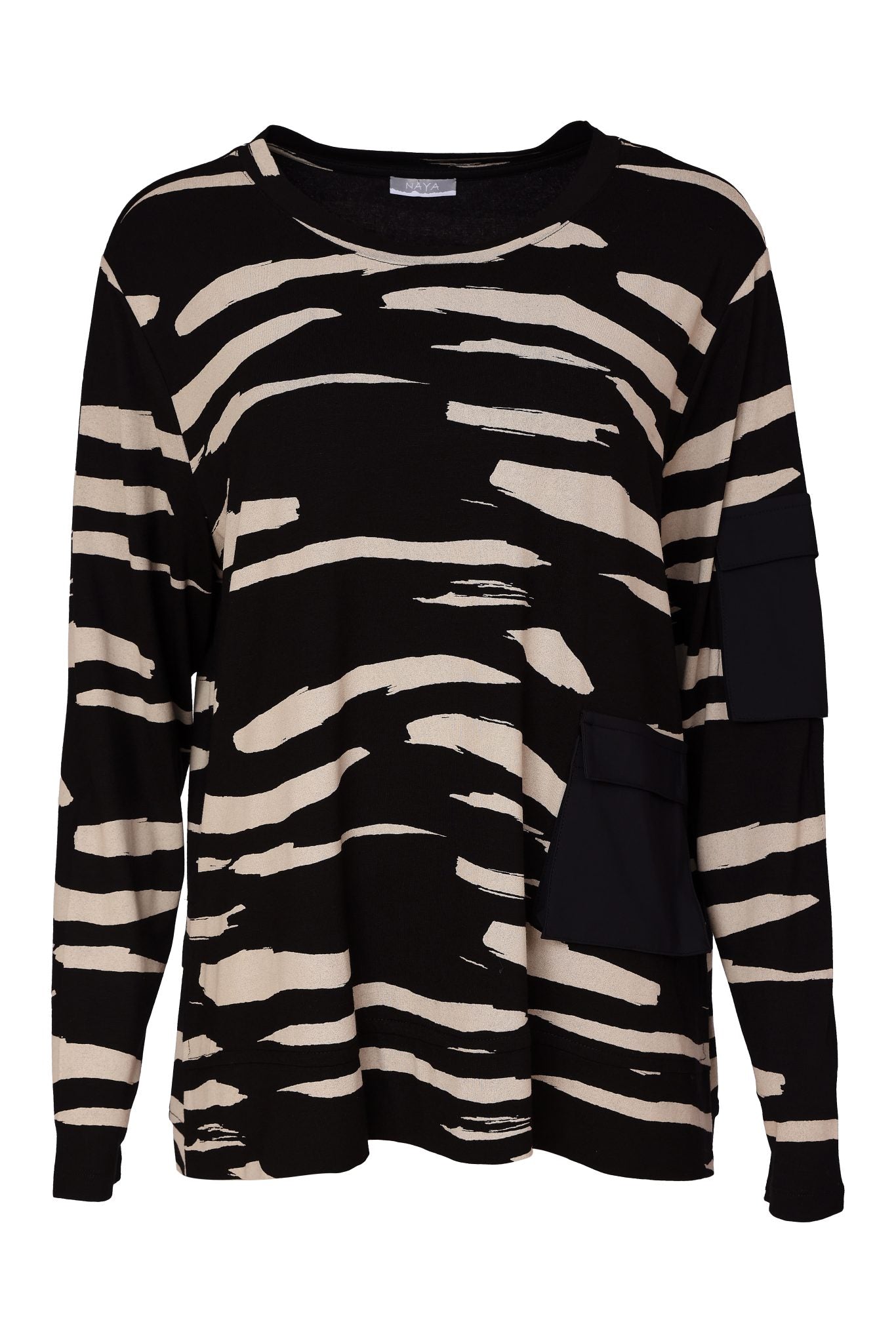 Print Round Neck Top With Contrast Pocket  Naw26319