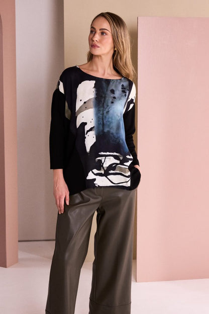Naya Print Round Neck Top with contrast sleeve Naw26321