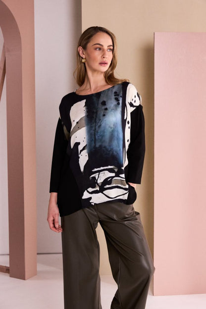 Naya Print Round Neck Top with contrast sleeve Naw26321