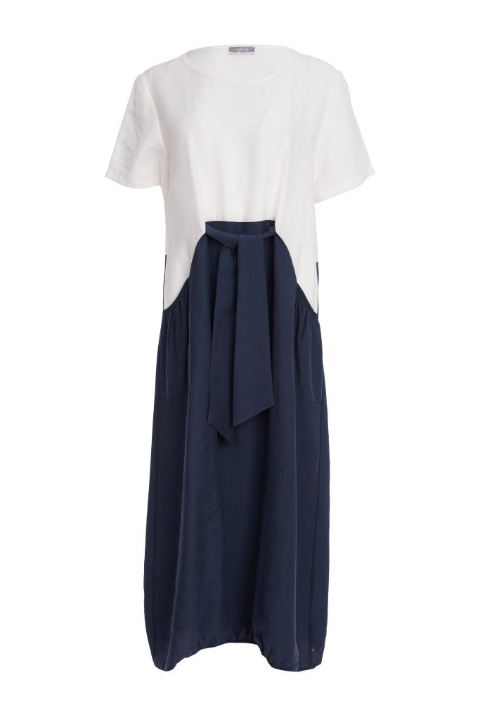 Naya Round Neck Dress With Contrast Colour Skirt , necklace and  Tie Belt  Npa26127