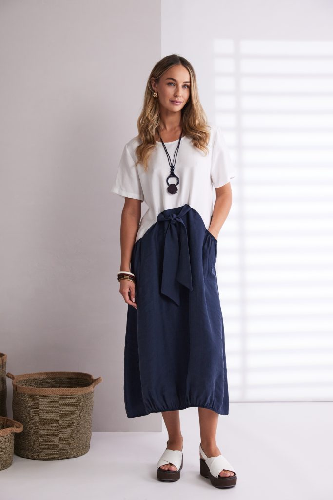 Naya Round Neck Dress With Contrast Colour Skirt , necklace and  Tie Belt  Npa26127