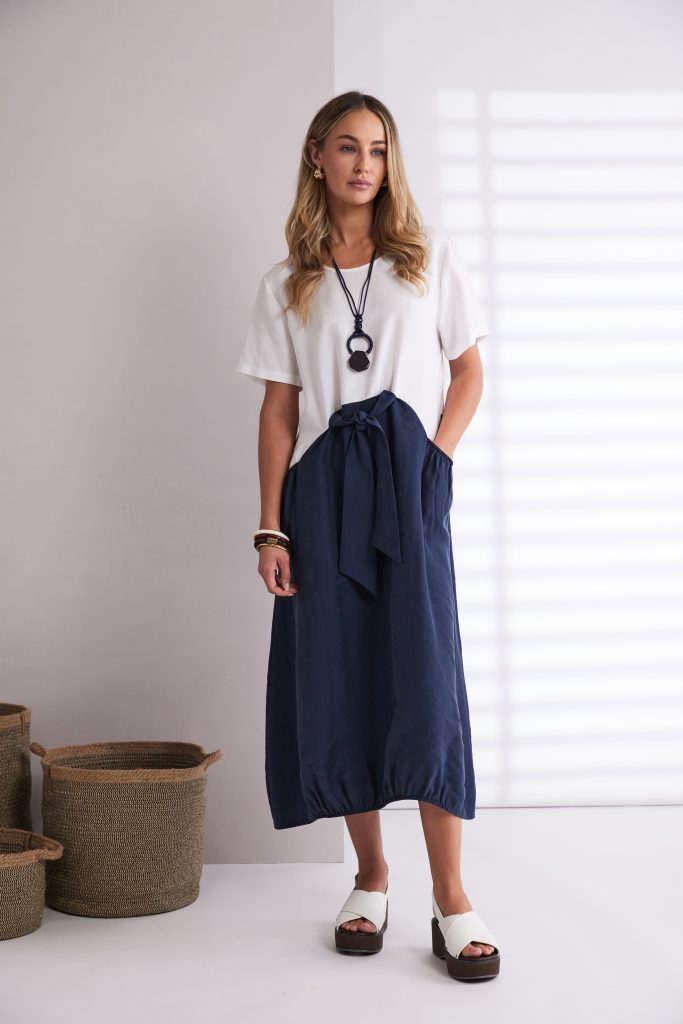 Naya Round Neck Dress With Contrast Colour Skirt , necklace and  Tie Belt  Npa26127
