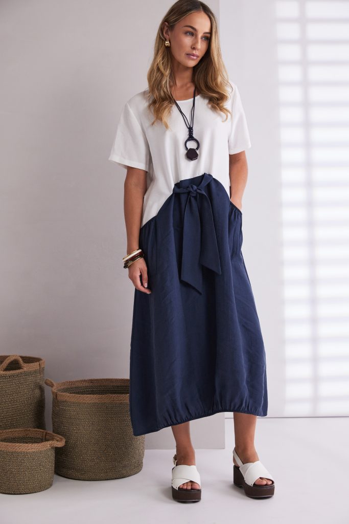 Naya Round Neck Dress With Contrast Colour Skirt , necklace and  Tie Belt  Npa26127