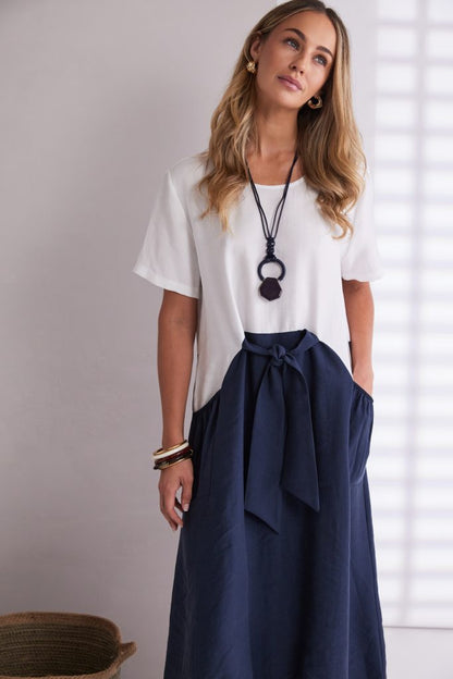 Naya Round Neck Dress With Contrast Colour Skirt , necklace and  Tie Belt  Npa26127