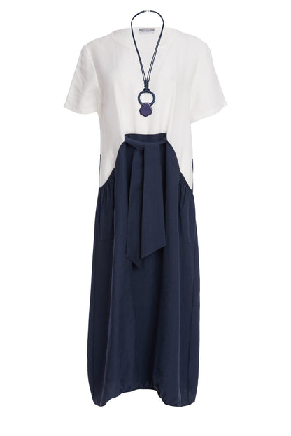 Naya Round Neck Dress With Contrast Colour Skirt , necklace and  Tie Belt  Npa26127