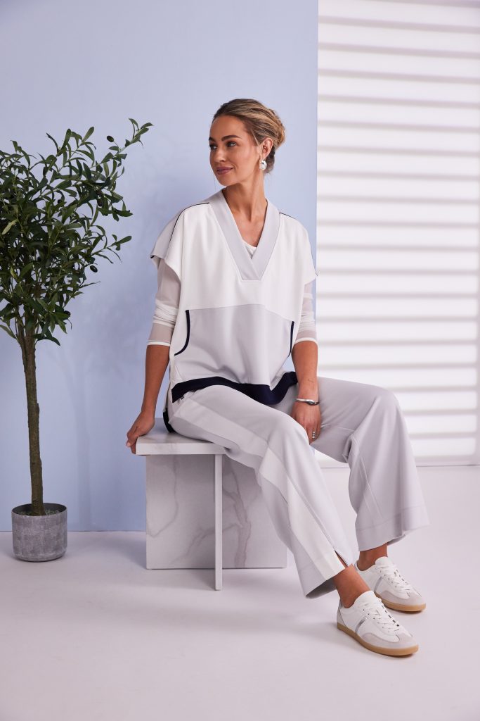 Naya V Neck Top With Contrast Pocket And Hem band in Navy and Silver  Npa26249