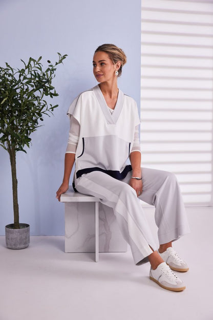 Naya V Neck Top With Contrast Pocket And Hem band in Navy and Silver  Npa26249