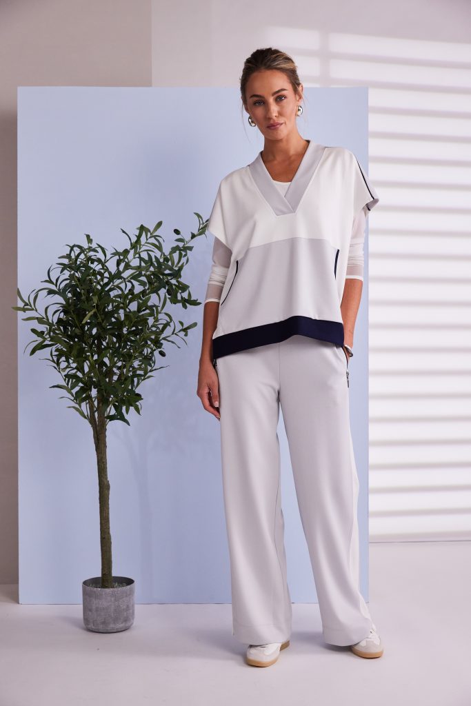 Naya V Neck Top With Contrast Pocket And Hem band in Navy and Silver  Npa26249
