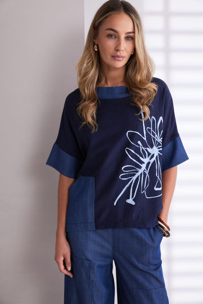 Naya Denim Look Placement Print Top With Contrast Collar And Pocket Npa26273
