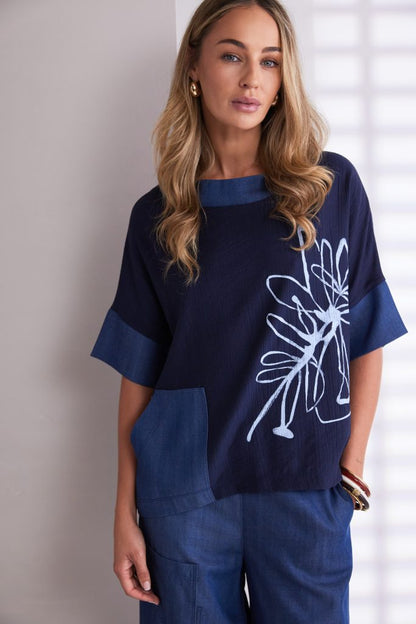 Naya Denim Look Placement Print Top With Contrast Collar And Pocket Npa26273