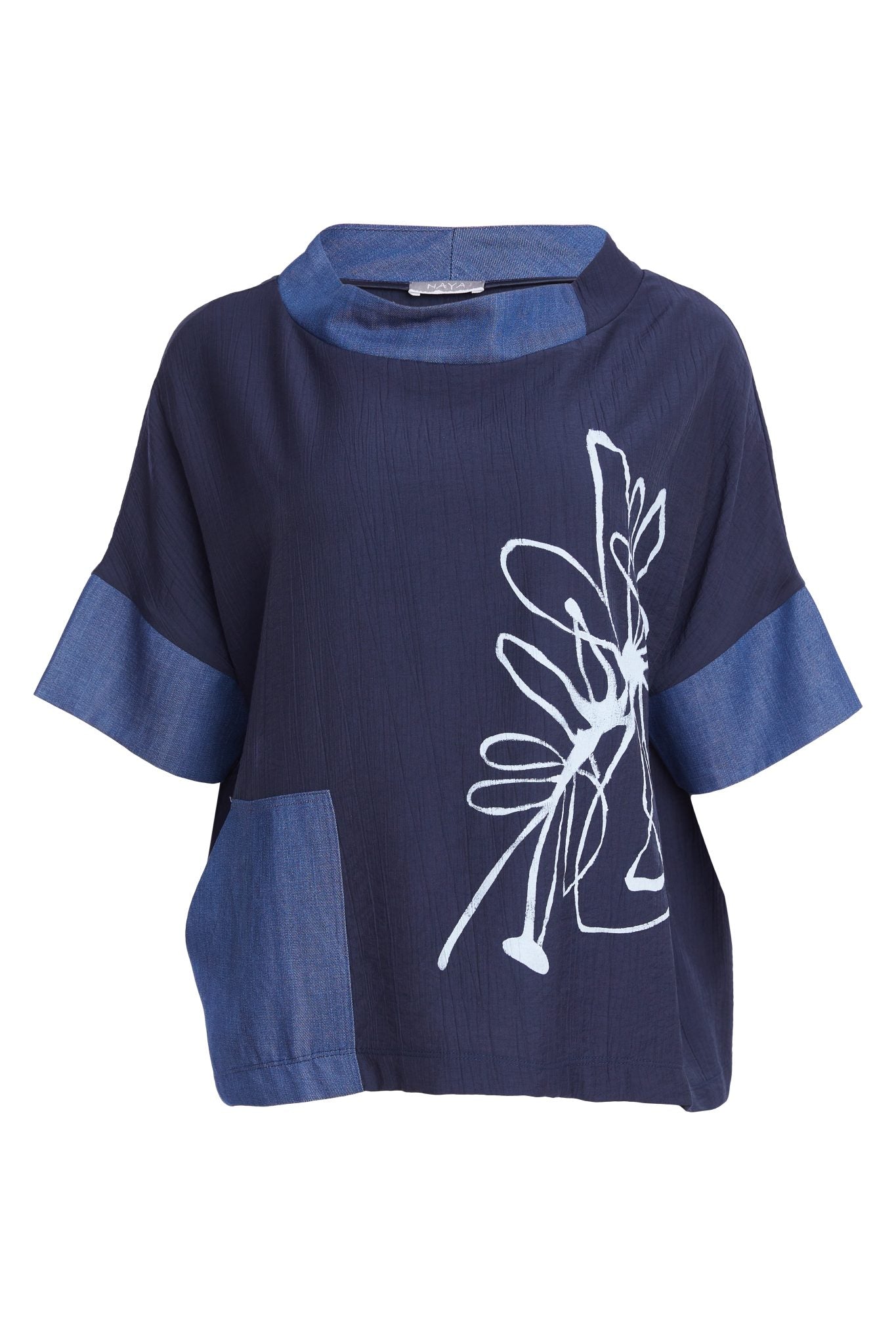 Naya Denim Look Placement Print Top With Contrast Collar And Pocket Npa26273
