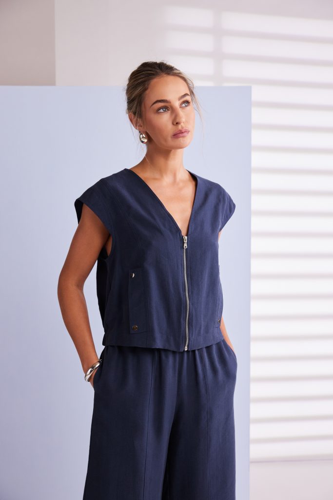 Naya Short Zip Vee Neck Top With Pocket Welt DetailNpa26284