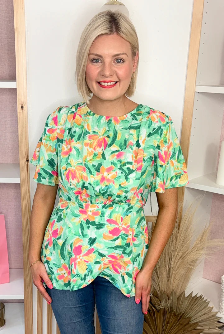 Pixie Peplum Top in Green or Pink Print
