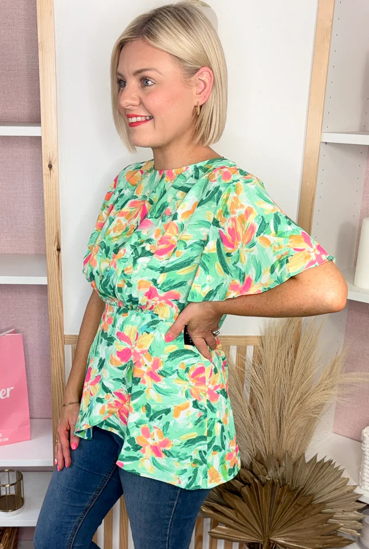 Pixie Peplum Top in Green or Pink Print