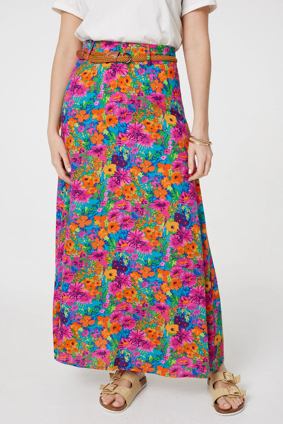 Stella Morgan Pink Mix Floral High Waist Maxi Skirt with Belt