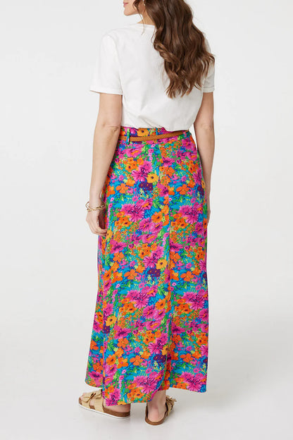 Stella Morgan Pink Mix Floral High Waist Maxi Skirt with Belt