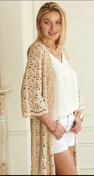Longline crochet Cardigan with buttons in Natural