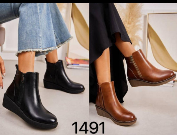 Soft leather look low wedge ankle boot Tan or Black