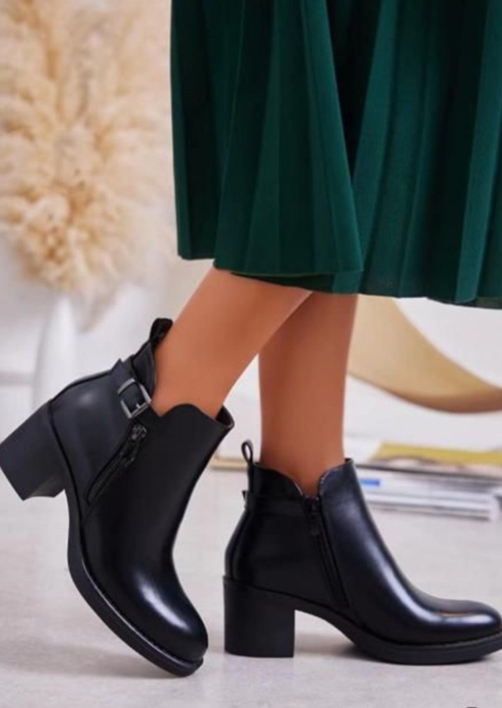 Leather look block heel ankle boot with Buckle Black or Tan