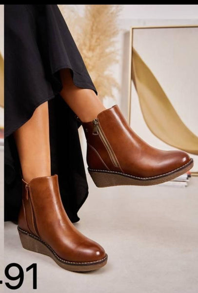 Soft leather look low wedge ankle boot Tan or Black