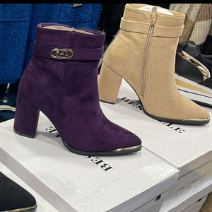 Suede Block Heel ankle Boot with gold trim in Beige or Purple